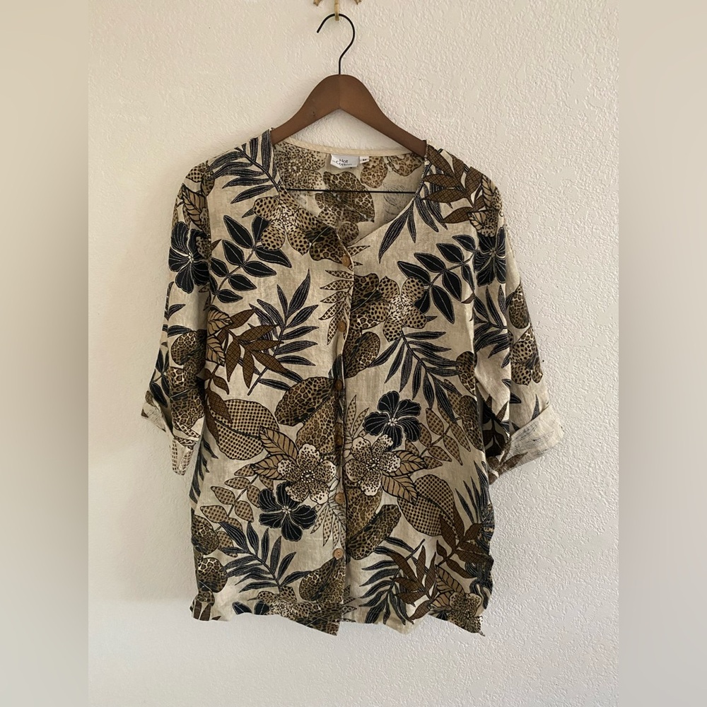 Hot Cotton Shirt Women M Beige Floral Button Up Collared 3/4 Sleeve Linen Top